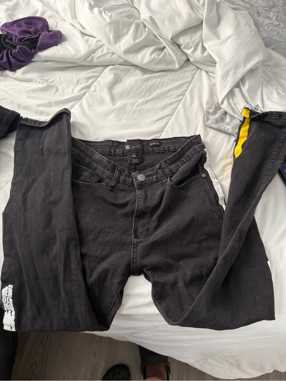 Men's Black Skinny Jeans with Yellow Side Stripe